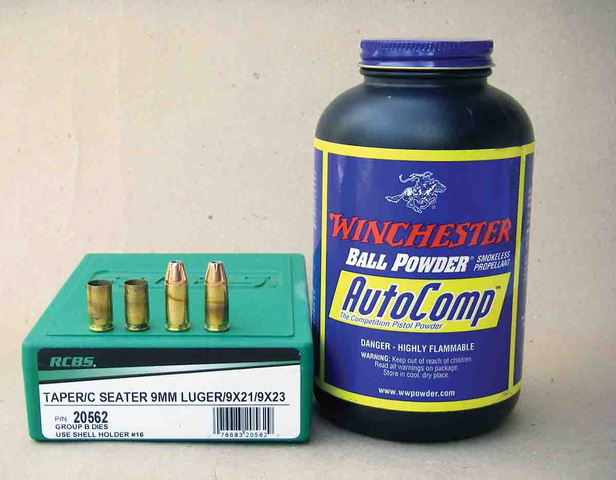 Winchester AutoComp powder is flash suppressed and is a good choice for handloading the 9mm Luger in short-barreled pistols.